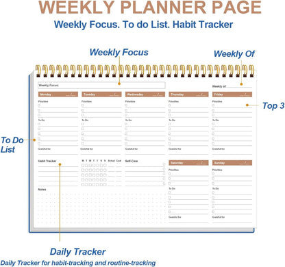 Weekly Productivity Planner - 8" x 11" Dashboard Desk Pad/Planner, Habit Tracker, Spiral Undated Weekly Planner for Office/School/Home, 54 Weeks, Black