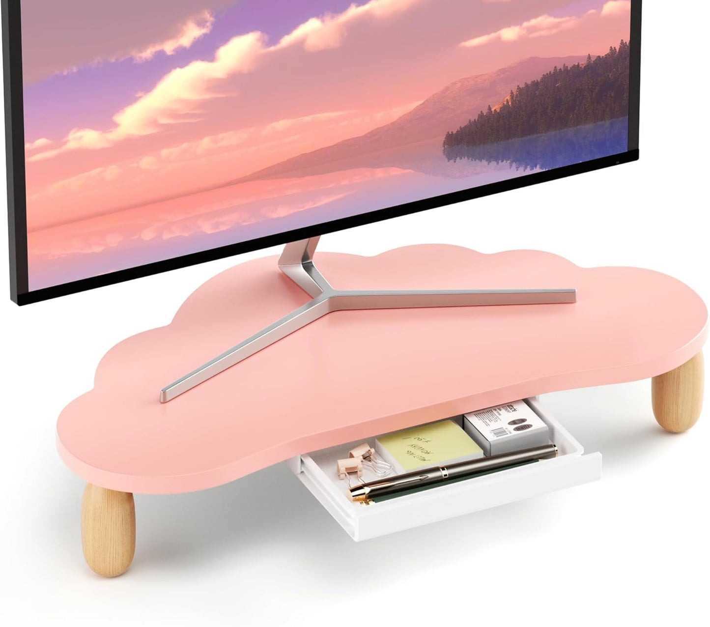 AFOOYO Monitor Stand Riser,Cloud-Shaped Sturdy Wood 16.5In Computer Monitor Riser Wirh Drawer, Multi-Purpose Desktop Organizer Riser for Computer,Laptop,Printer,TV,White