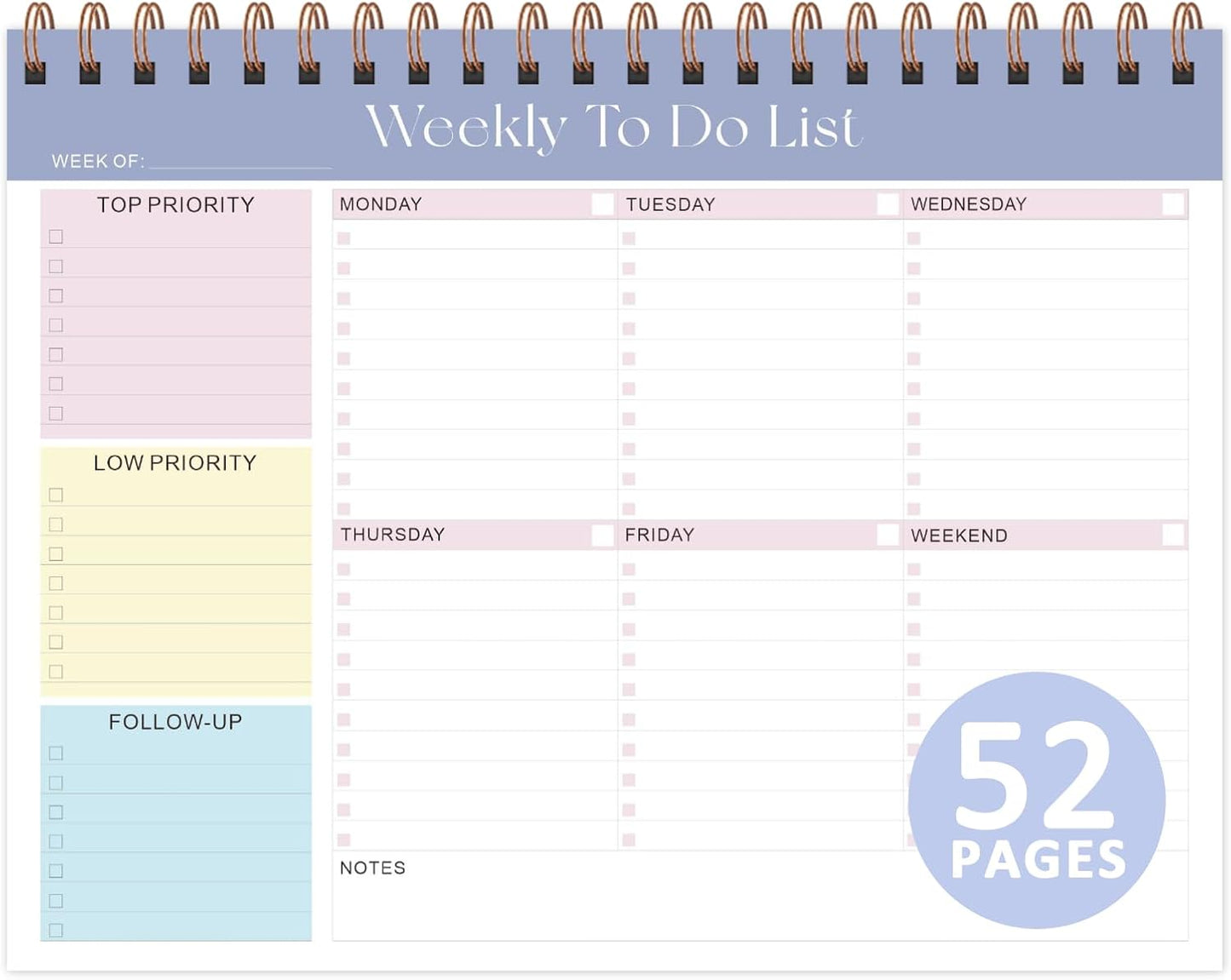 Weekly To Do List Notepad, Undated Planner with 52 Sheets (8.5''x11''), Desk Weekly Planner for Women & Man, Home School & Work