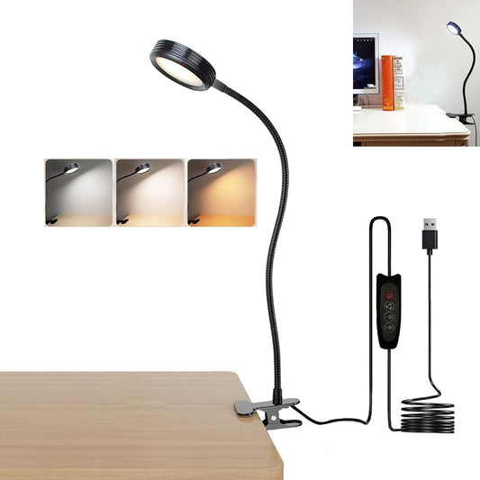 USB Clip-On Desk Lamp with 3 Color Modes, Adjustable Brightness, Gooseneck, 1 Minute Timer, Book Light for Reading Book in Bed at Night Clip on Table, headboard, Dorm, (Warm+Cool White, 8W)