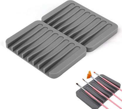 Penitue 2pcs Paint Brush Holders, Silicone Washable Paint Brush Organizer Stand with 8 Slots Paintbrush Rinse Holder for Oil Acrylic Watercolor Painting (Transparent & Blue)