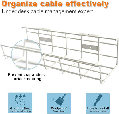 Under Desk Cable Management- 2 Pack Cord Organizer. Metal Wire Cable Management Tray for Office, Studio and Home. Super Sturdy Under Table Cable Management - Black Cable Organizer