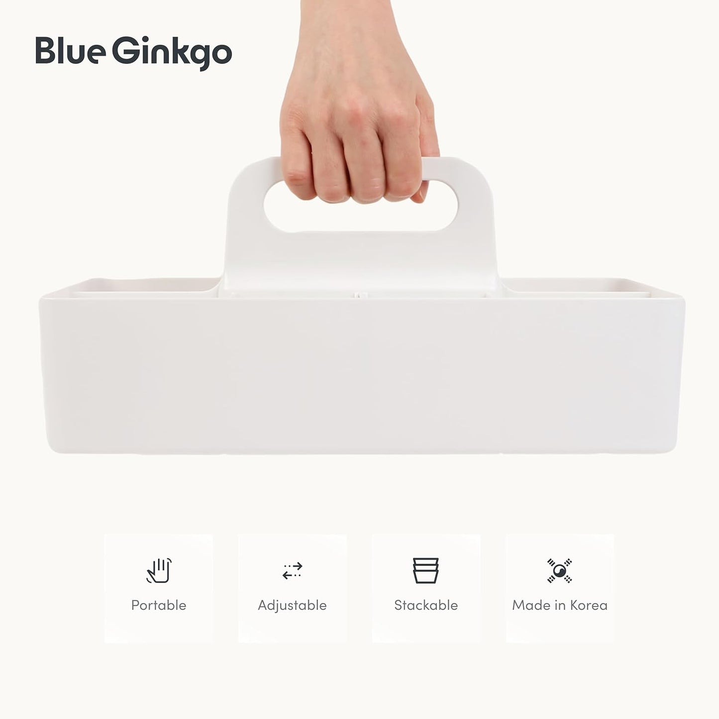 BLUE GINKGO Stackable Organizer Caddy – Korean-Made Portable Tote for Bathroom, Office, Crafts, or School Supplies (Rectangle, White)