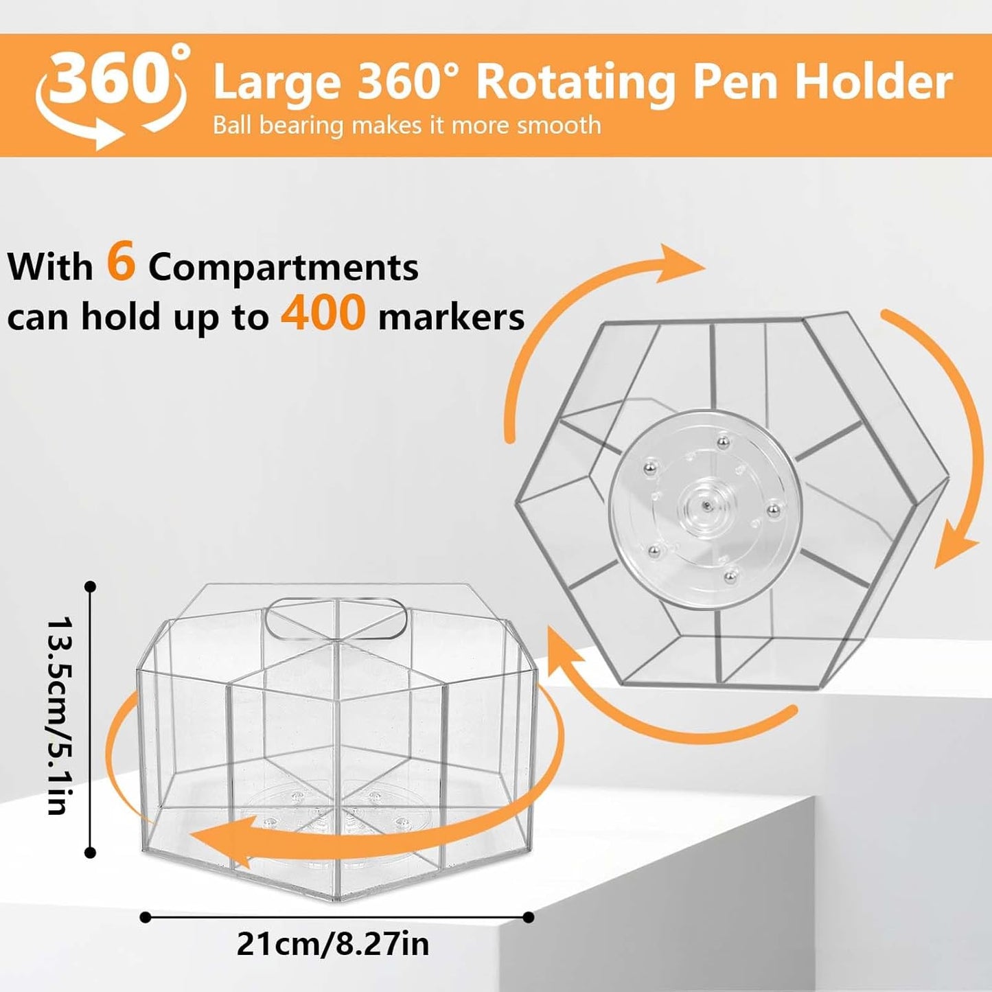 Rotating Pencil Holder for Desk, 5 Slots 360-Degree Spinning Acrylic Pen Holder for Desk, Marker Holder Caddy Art Supply Organizer Pen Organizer for Office Home School