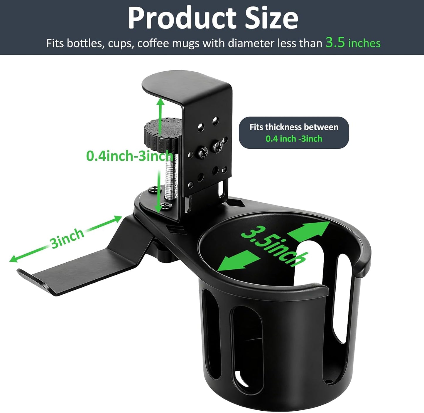 MYITYARD Desk Cup Holder Clamp, Anti-Spill Clip On Table Cup Holder, Rotatable Water Bottle Stand Drink Coffee Mug Storage, Office Accessories for Home and School (Black)