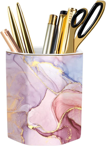 Pen Holder, Pencil Holder for Desk, Marble Desk Organizer Cute, Durable Ceramic Pencil Cup, Decorative Makeup Brush Holder Cup, Stationery Holder for Office, Home, Gray Marble