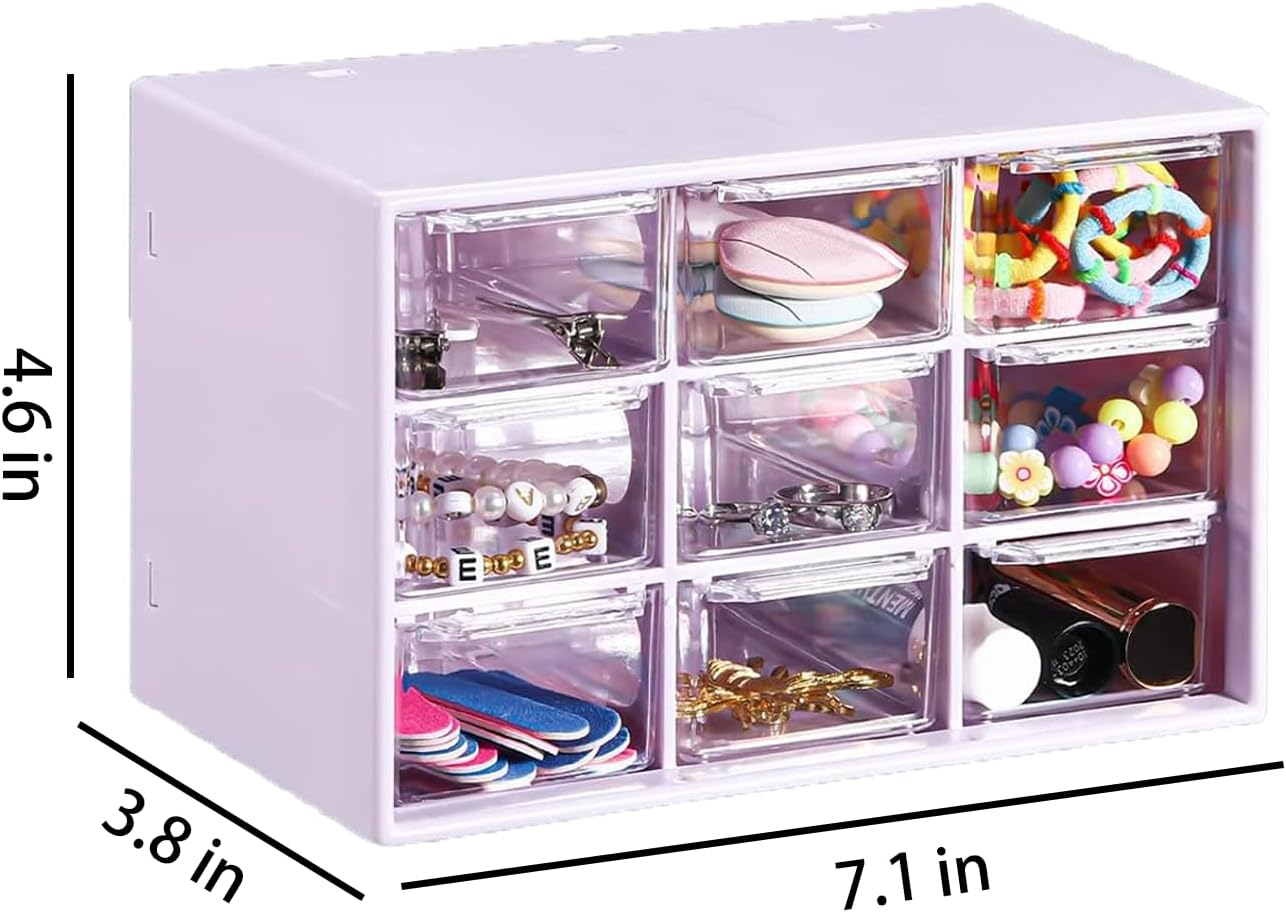 Small Drawer Organizer for Desk, 7.1" x 3. 8" x 4.6" Mini Desktop Drawer Organizer with 9 Clear Drawers, Plastic Desktop Craft Storage Box for Desk Office School Home (White)