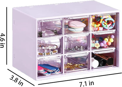 Small Drawer Organizer for Desk, 7.1" x 3. 8" x 4.6" Mini Desktop Drawer Organizer with 9 Clear Drawers, Plastic Desktop Craft Storage Box for Desk Office School Home (White)