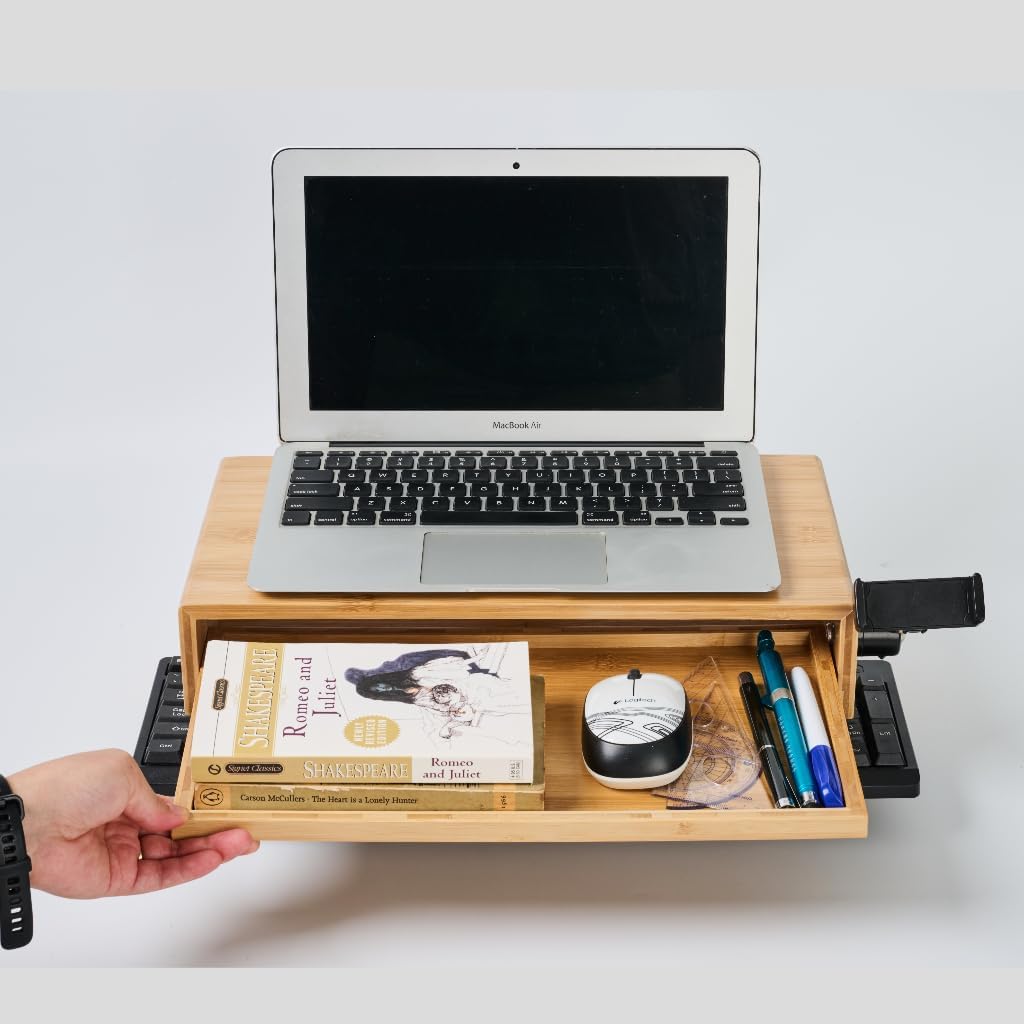 Wood Monitor Stand Riser Organizer for Desk Top with Storage Drawer & Phone Holder,Bamboo Monitor Stand with Keyboard Tray, Non Slip Desk Riser, Desk stand for computer monitor