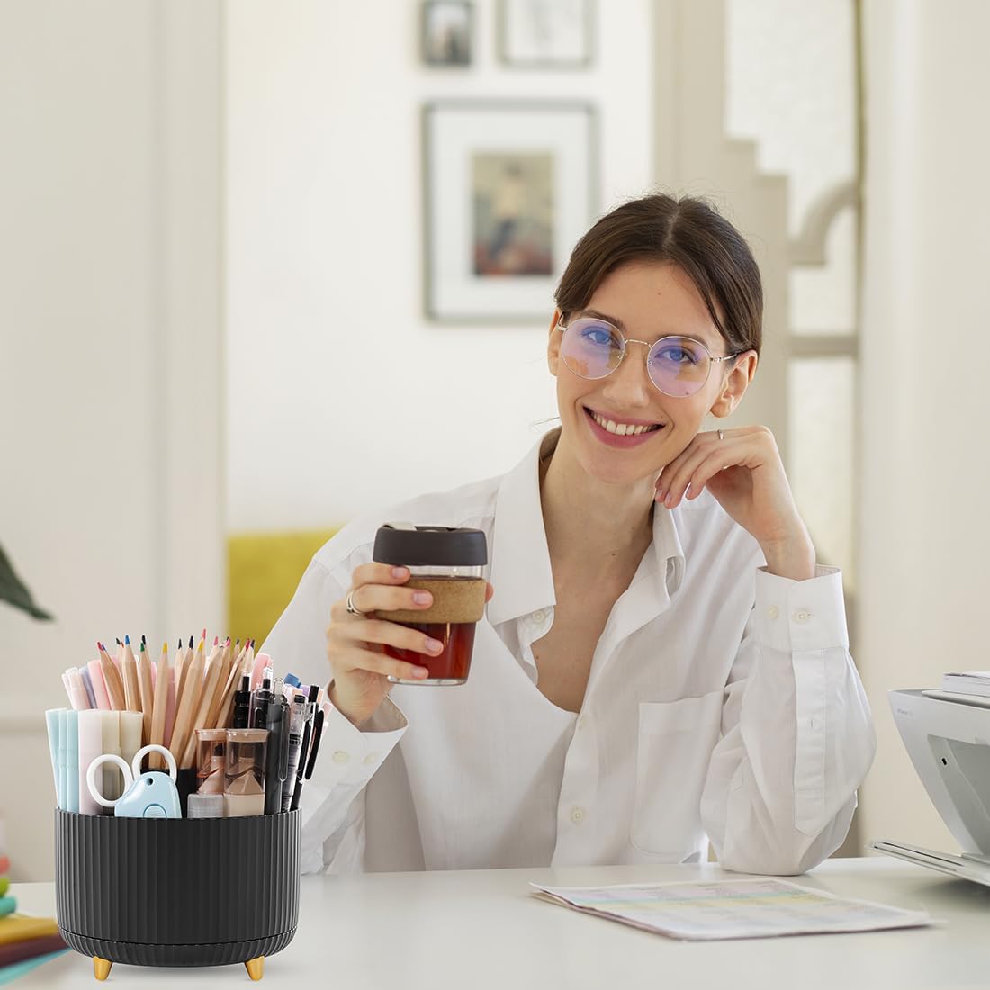 SKYDUE 360 Rotating Plastic Desk Pen Organizer with 5 Slots, Dual-Purpose Art Supply Pencil Cup for Office, School, Home