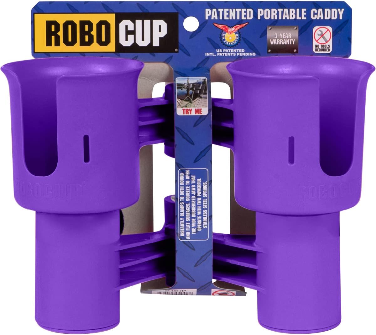 ROBOCUP, (White), Patented Clamp On Boat Cup Holder |Multifunction Dual Drink Caddy for Fishing Poles, Tools, Net, Gaff |Portable Storage for Boating, Beach, Umbrellas, Golf Carts, Strollers
