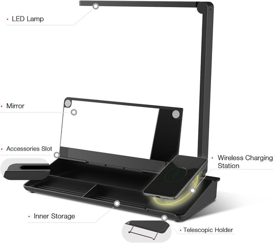 TOWON LED Desk Lamp with Charging Pad and Dry Erase Whiteboard - Adjustable 2 Level Light Touch Lamp, Eye-Caring Foldable Table Lamp with White Board Storage College Dorm Room Essentials, Black