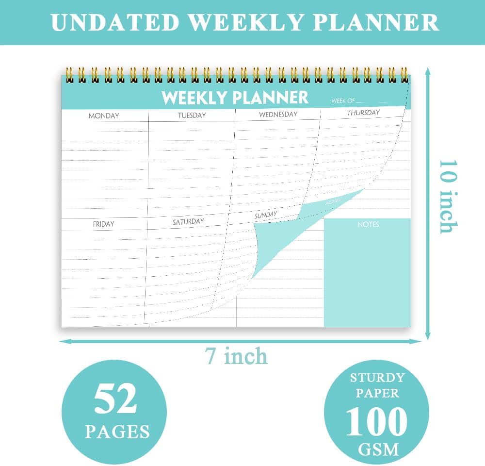 (3-Pack) Weekly Planner - 7" x 10" Weekly Pad Organizers Habit Tracker Journal for Man & Women, 52 Sheets, 100gsm Paper, Undated Weekly To Do List Notepad with Your Life, Teal