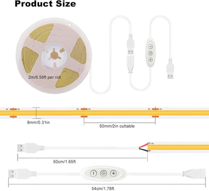 USB Light Strip Warm White 3000K CRI 92+ Small Dimmable COB LED Strip Light Cuttable 5V USB Powered 6 ft 10W for TV Backlight Cabinet Bedroom Indoor DIY Lighting Project