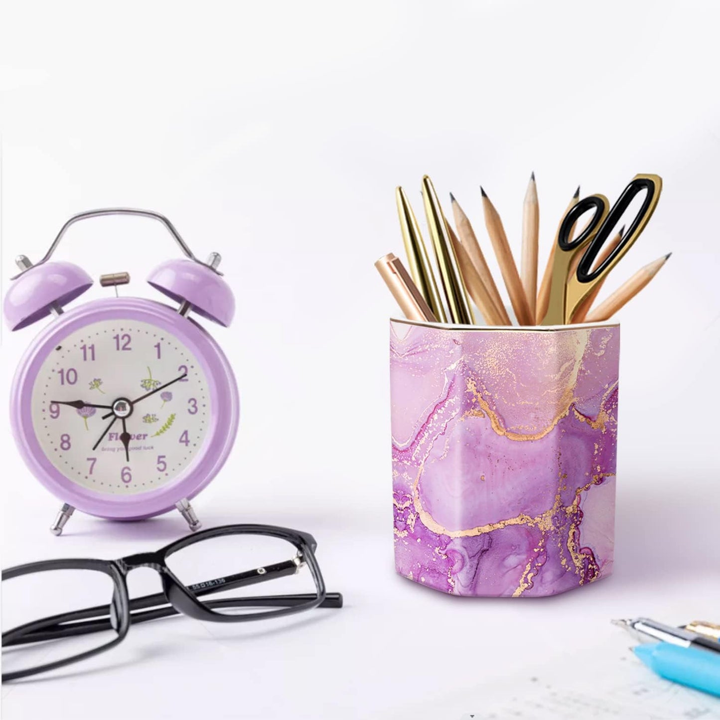 Pen Holder, Pencil Holder for Desk, Marble Desk Organizer Cute, Durable Ceramic Pencil Cup, Decorative Makeup Brush Holder Cup, Stationery Holder for Office, Home, Gray Marble
