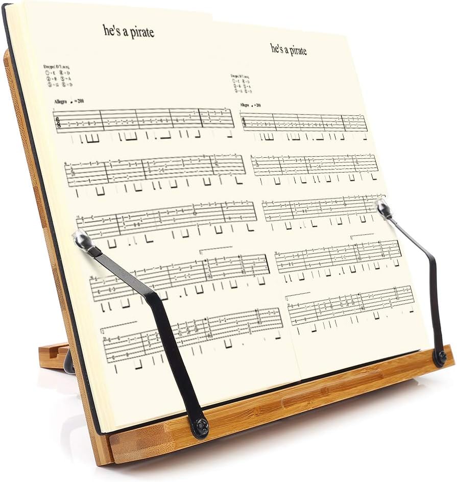 wishacc Bamboo Book Stand, Adjustable Book Holder Tray and Page Paper Clips-Cookbook Reading Desk Portable Stable Hard-Wearing Lightweight Bookstand-Textbooks Books