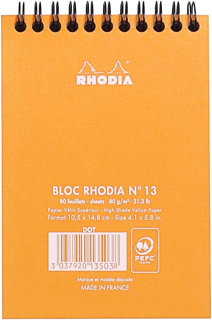 Rhodia #16 Wirebound Notepad 5.8" x 8.3" Dot Pad, Orange Cover