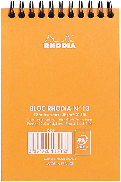 Rhodia #16 Wirebound Notepad 5.8" x 8.3" Dot Pad, Orange Cover