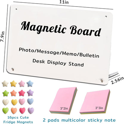 Desk Magnetic Message Board with Stand,11 x 7.9in Magnet Photo/Memo Display Board with Cute Fridge Magnets,Sticky Notes,for Home School Kitchen Office Desk Accessories (White)