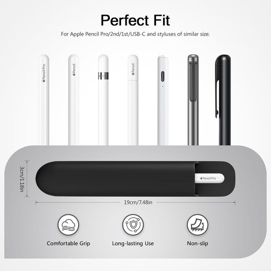 MoKo Pencil Case Holder, Adhesive Silicone Pencil Protected Sleeve Compatible with Apple Pencil Pro/ (USB-C)/ 1st/ 2nd Generation, Similarly Sized Styluses Accessories, Black
