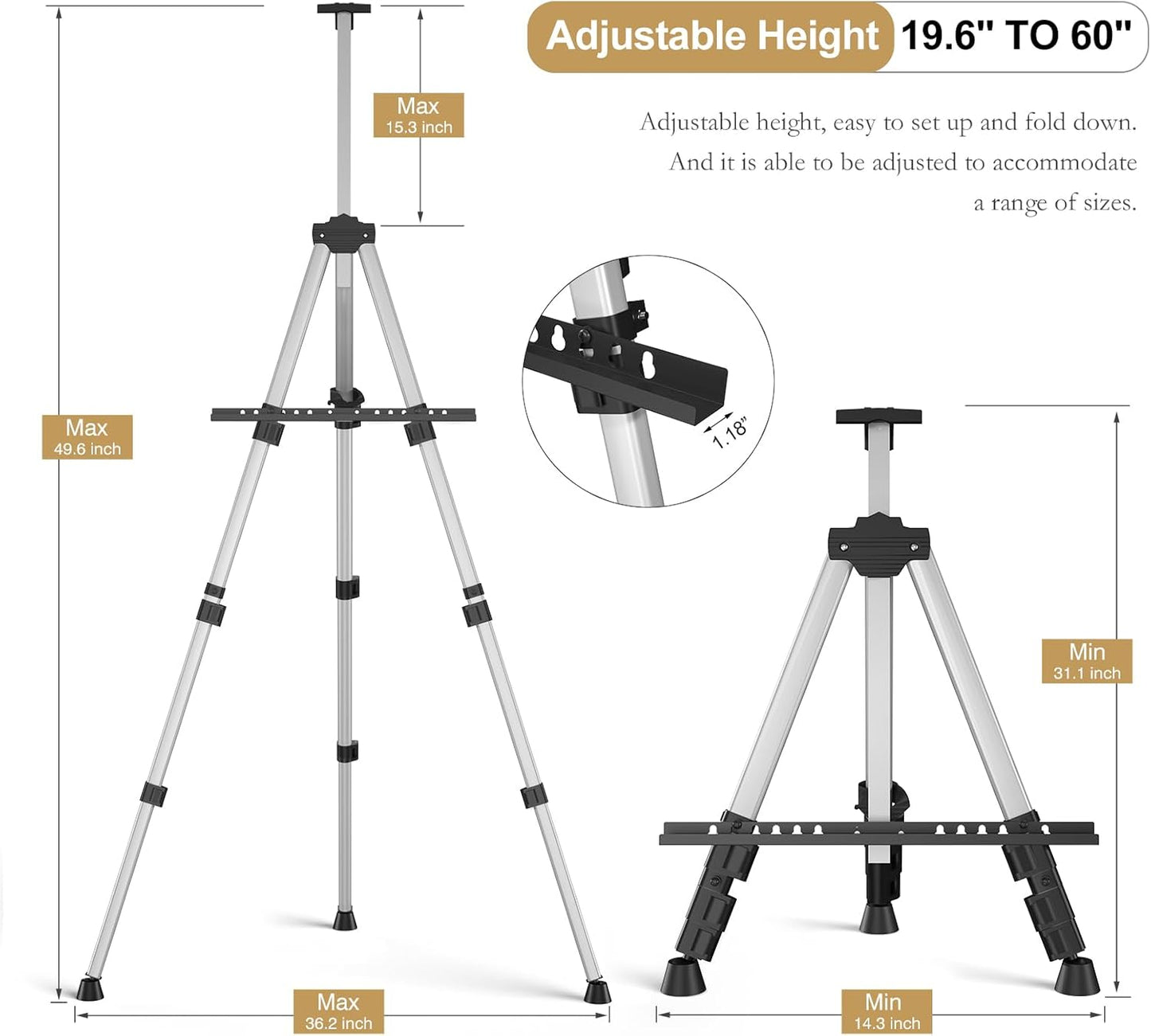 Art Painting Artist Easel Stand, Portable Adjustable Aluminum Metal Tripod Display Easel with Bag, Height from 17 to 66 inch for Table-Top/Floor Drawing and Displaying, Black
