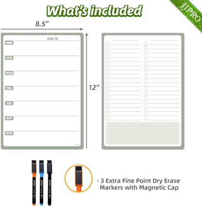 JJPRO Non-Magnetic Dry Erase Weekly Calendar for Fridge,Reusable Weekly Meal Planner and to Do List Whiteboard Bundle-Starts Monday,8.5"x12" Reusable Calendars Stick to Wall, All Smooth Surfaces