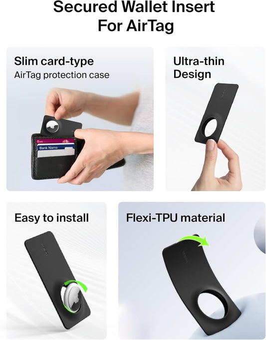 Belkin Apple AirTag Secure Wallet Insert - Thin Wallet Holder - Ultra Slim & Flexible Credit Card Size Insert for Purse, Handbag, Pocket, Backpack - Accessories for Apple AirTag - Black (2-Pack)