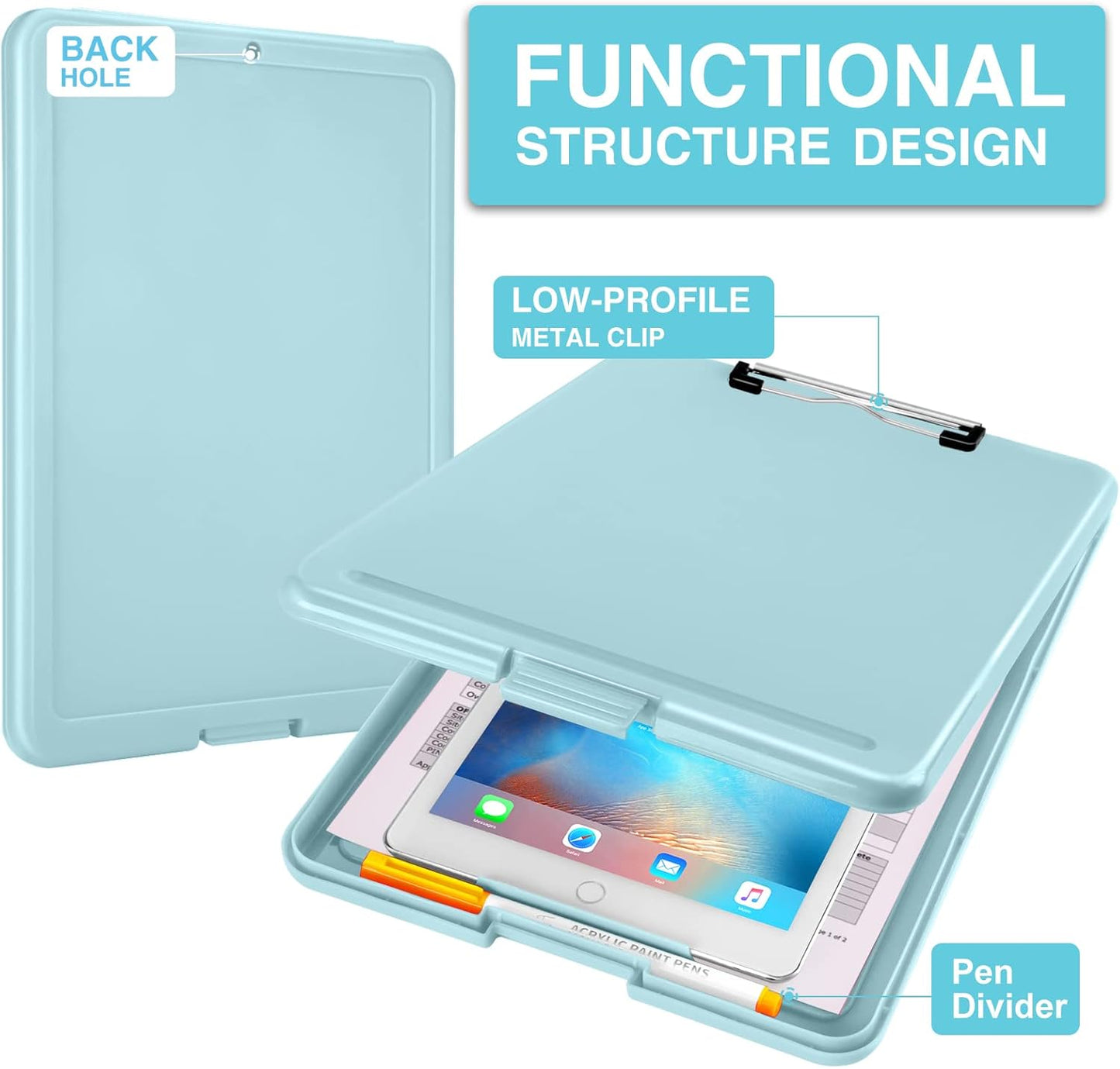 Sooez Clipboard with Storage, Plastic Storage Clipboards with Low Profile Clip, Nursing Clip Boards Foldable, Hanging Clipboard Case for Work, Teacher, Classroom Must Haves, Office School Supplies