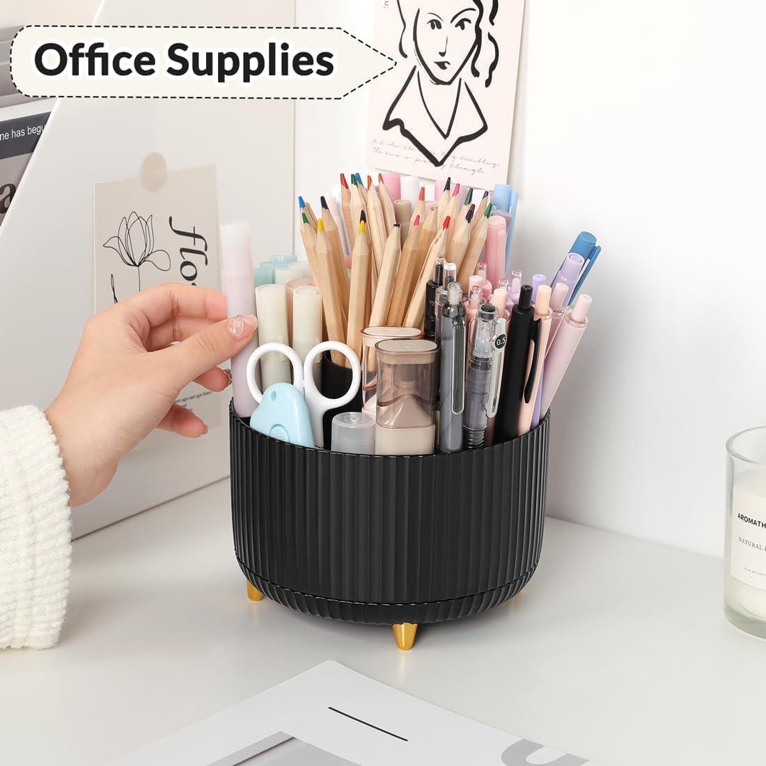 SKYDUE 360 Rotating Plastic Desk Pen Organizer with 5 Slots, Dual-Purpose Art Supply Pencil Cup for Office, School, Home