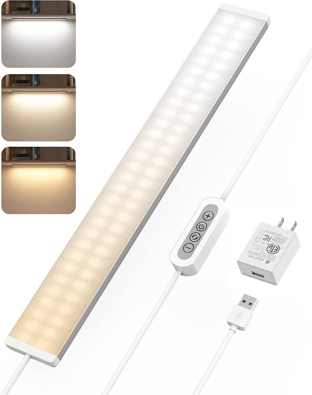 ASOKO LED Under Cabinet Lighting USB Plug-in, Dimmable, 3 Color Temperature, 14.5 in, Under Counter Lights for Kitchen,Shelf,Cupboard, Under Desk Monitor Light Bar (Sliver, 14.5 inch-2 Pack)