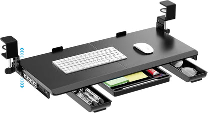 Large Height Adjustable Keyboard Tray with Sturdy C-Clamp Mount and Storage Drawer, 27"(31"Including Clamps) x 12" Slide Out Ergonomic Keyboard Trays for Home and Office, Black