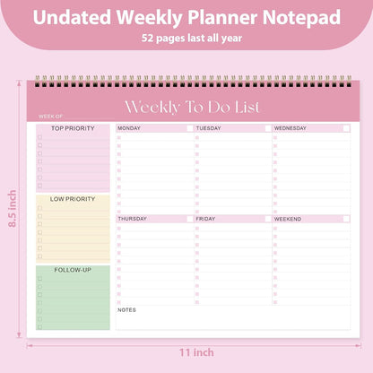 Weekly To Do List Notepad, Undated Planner with 52 Sheets (8.5''x11''), Desk Weekly Planner for Women & Man, Home School & Work