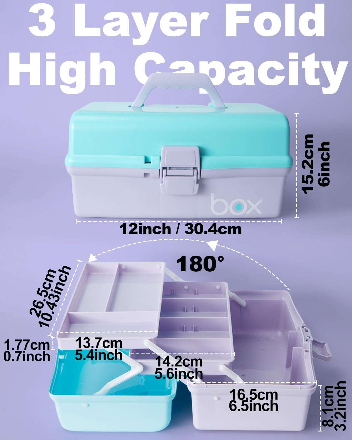 TERGOO 12in 3-Layer Plastic Craft Organizers and Storage, Portable Folding Tackle Box with Handle & Adjustable Dividers, Multipurpose Case for Sewing, Art Supplies, Medicine, Tools (Purple Blue)