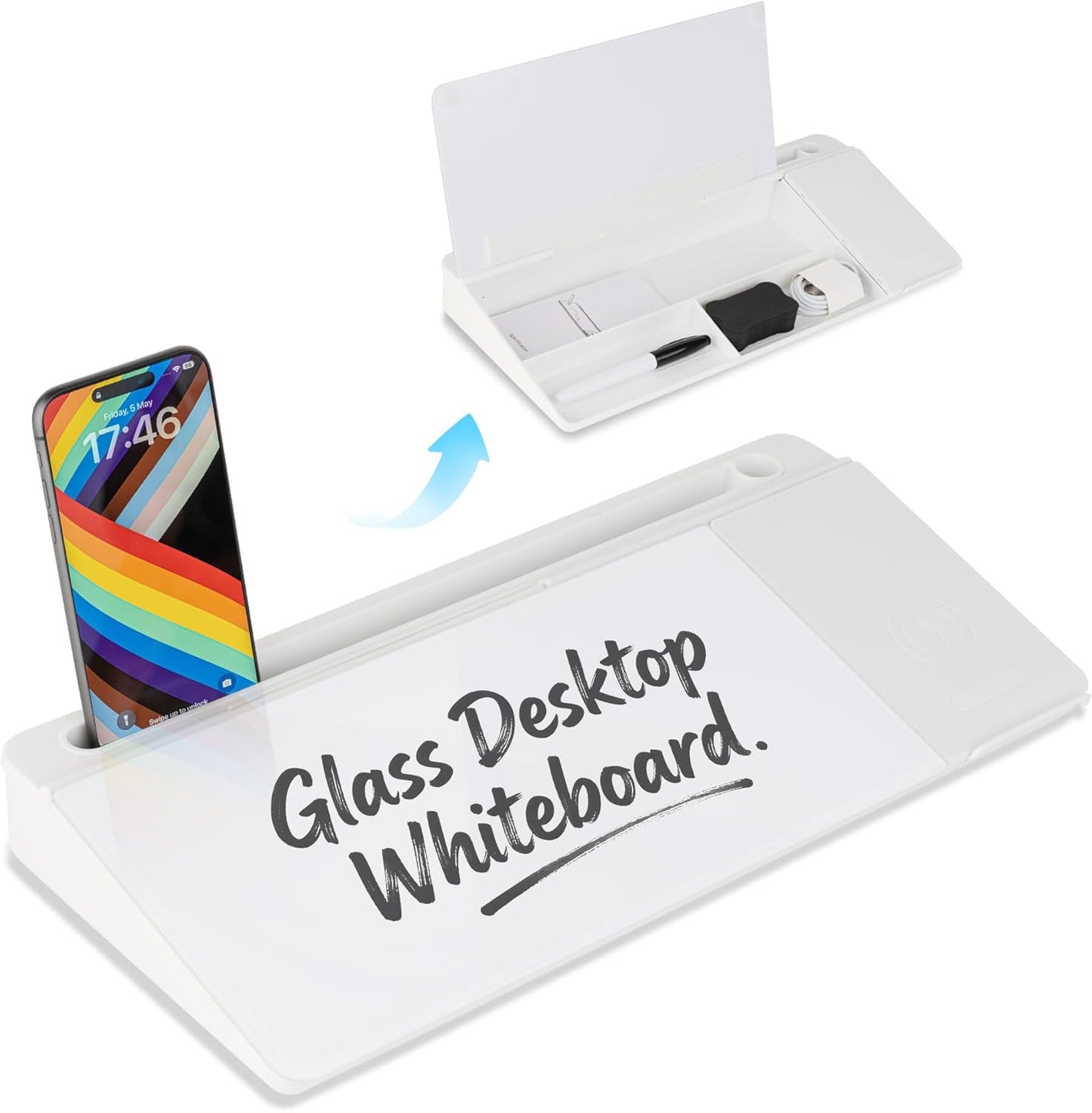 Glass Desktop Whiteboard 15.8×7”, Dry Erase Note Memo Board, Desk Organizer with Storage for Office, Home, Study, Black