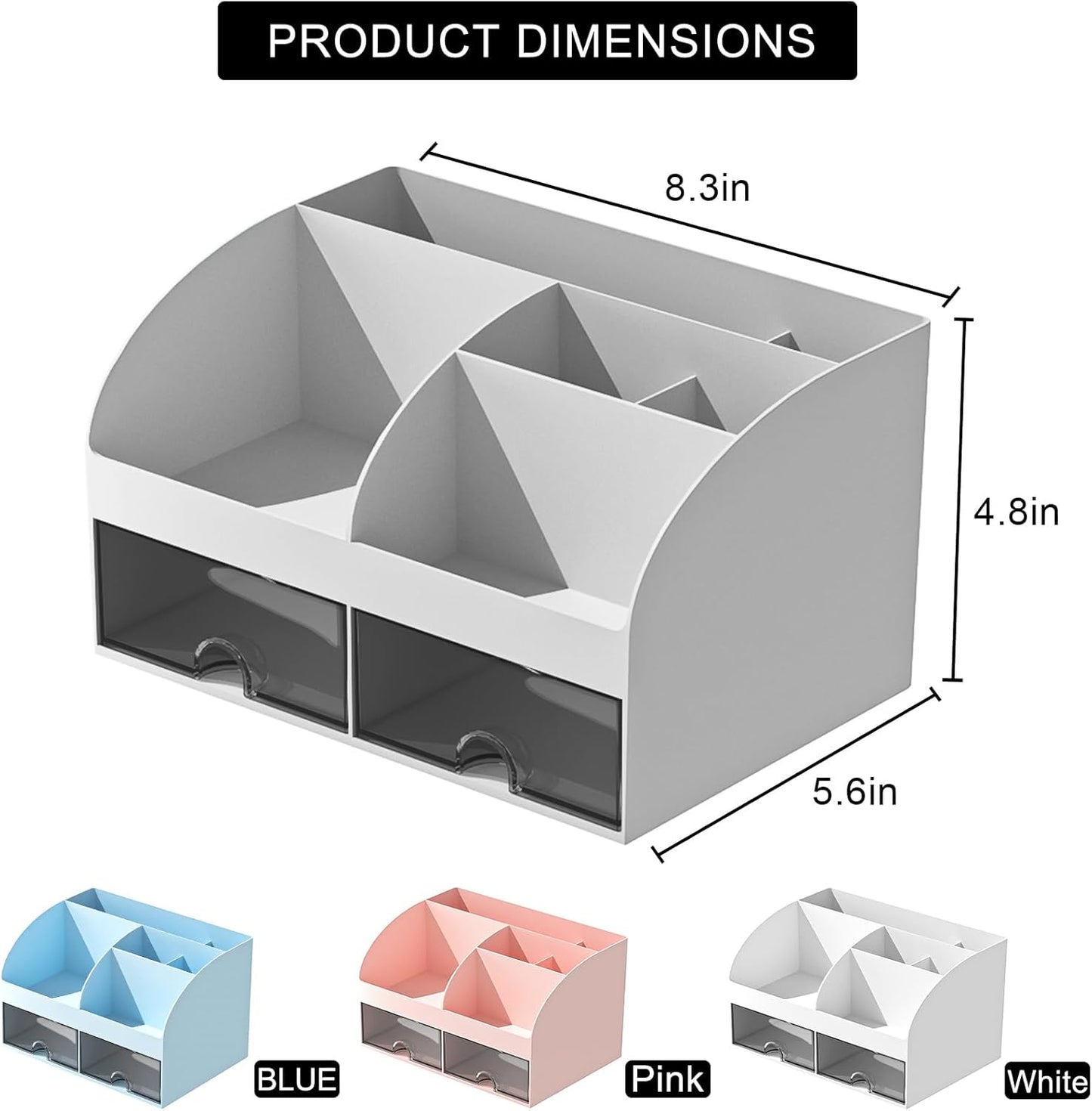 COMFYROOM Desk Organizer with 6 Compartments and 2 Drawers, Plastic Makeup Organizer, Pen Holder for Desktop Storage, Desk Organization for School, Home, Office Supplies (White)