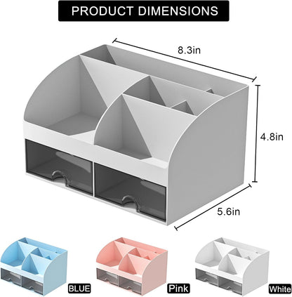 COMFYROOM Desk Organizer with 6 Compartments and 2 Drawers, Plastic Makeup Organizer, Pen Holder for Desktop Storage, Desk Organization for School, Home, Office Supplies (White)