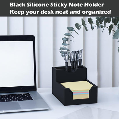 Kamehame Black Sticky Note Holder, Silicone Memo Holder with Pen or Card Slots, Sticky Note Dispenser, Fits 3x3 Inches Sticky Notes