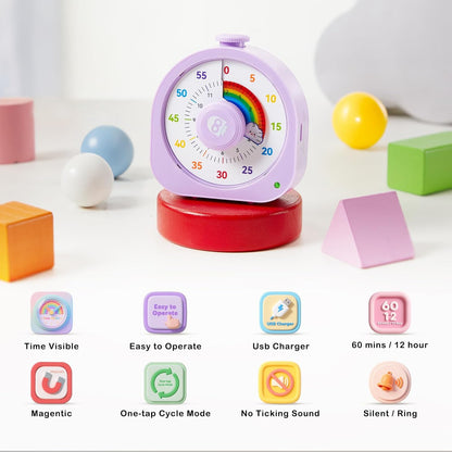 Visual Timer for Kids and Adults 60 Min/12 Hour Rechargeable Countdown Timer with Magnetic Sticker and Mute Function Kids Pomodoro Timers for Classroom Office Kitchen Silent Operation & Rainbow Disk
