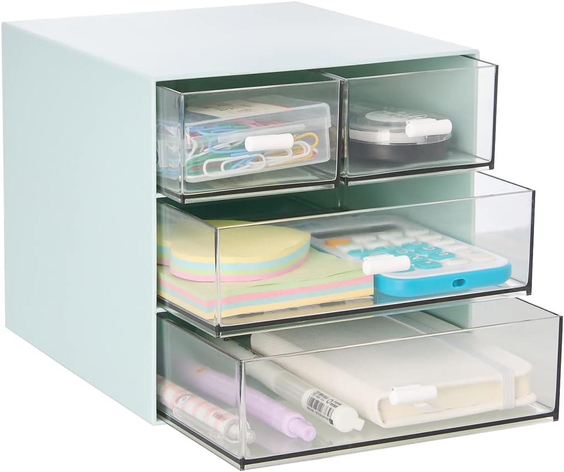 Desk Organizer with 4 Drawers, Clear Plastic Desk Storage Box, Desktop Organization for Office Supplies, Gel Pens, Pencils, Markers, Tape, Erasers, Paperclips, Chargers (White-4 Draws)
