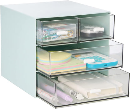 Desk Organizer with 4 Drawers, Clear Plastic Desk Storage Box, Desktop Organization for Office Supplies, Gel Pens, Pencils, Markers, Tape, Erasers, Paperclips, Chargers (White-4 Draws)