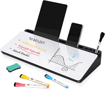 DOLLAR BOSS Glass Desk Whiteboard Calendar Small Dry Erase Board Desktop White Board with Storage Drawer Computer Keyboard Stand Desk Organizer, Colorful Weekly Calendar, Black