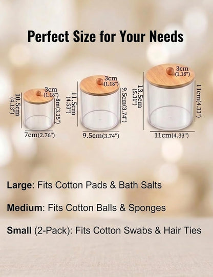 Q Tip Holder for Bathroom with Bamboo Lid, Medium Clear Plastic Cotton Swab Dispenser, Shatterproof Apothecary Jar, Vanity Organizer for Cotton Balls Rounds Hair Ties