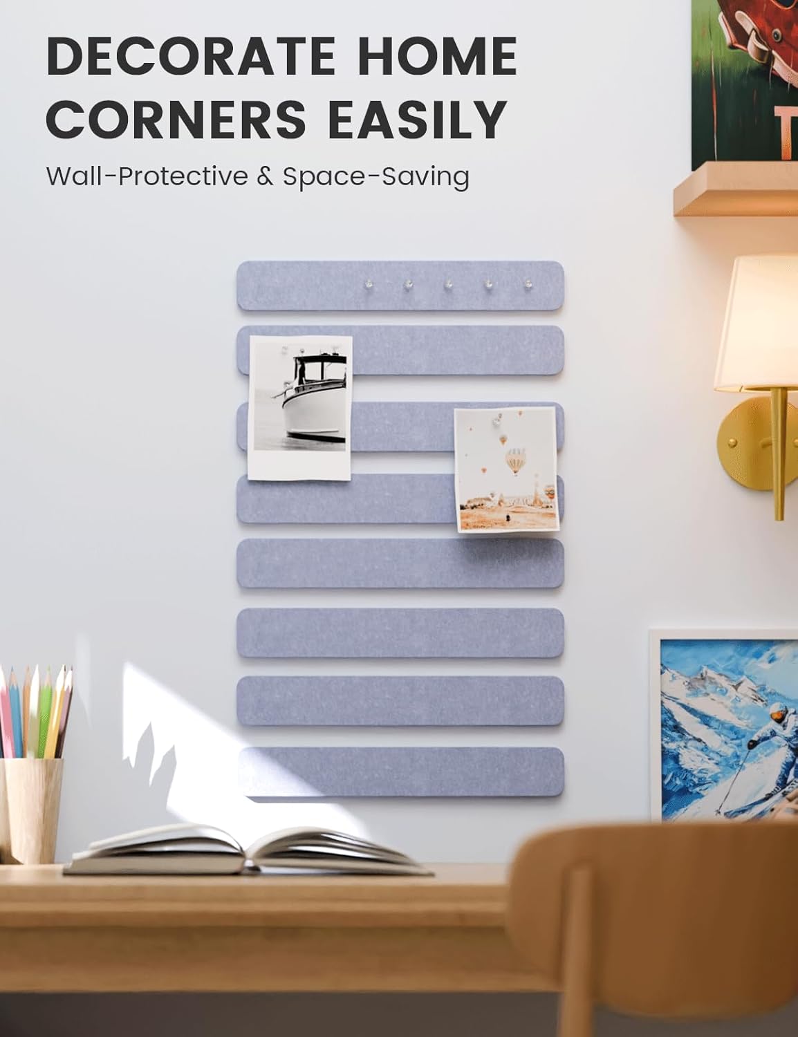 Fluxynara Cork Board Alternative Felt Strip Board 8-Pack 13"x2", Office Pin Board with 50 Push Pins, Adhesive Install for Bedroom Door & Home Office(Linen Dusk)