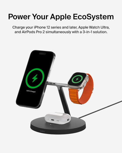 Belkin MagSafe-Compatible iPhone Charger, 3-in-1 Wireless Charging Station, Qi2-Certified 15W Wireless Charge for Apple iPhone 17 Series, Apple Watch, AirPods w/Non-Slip Base, 40W Included - Black