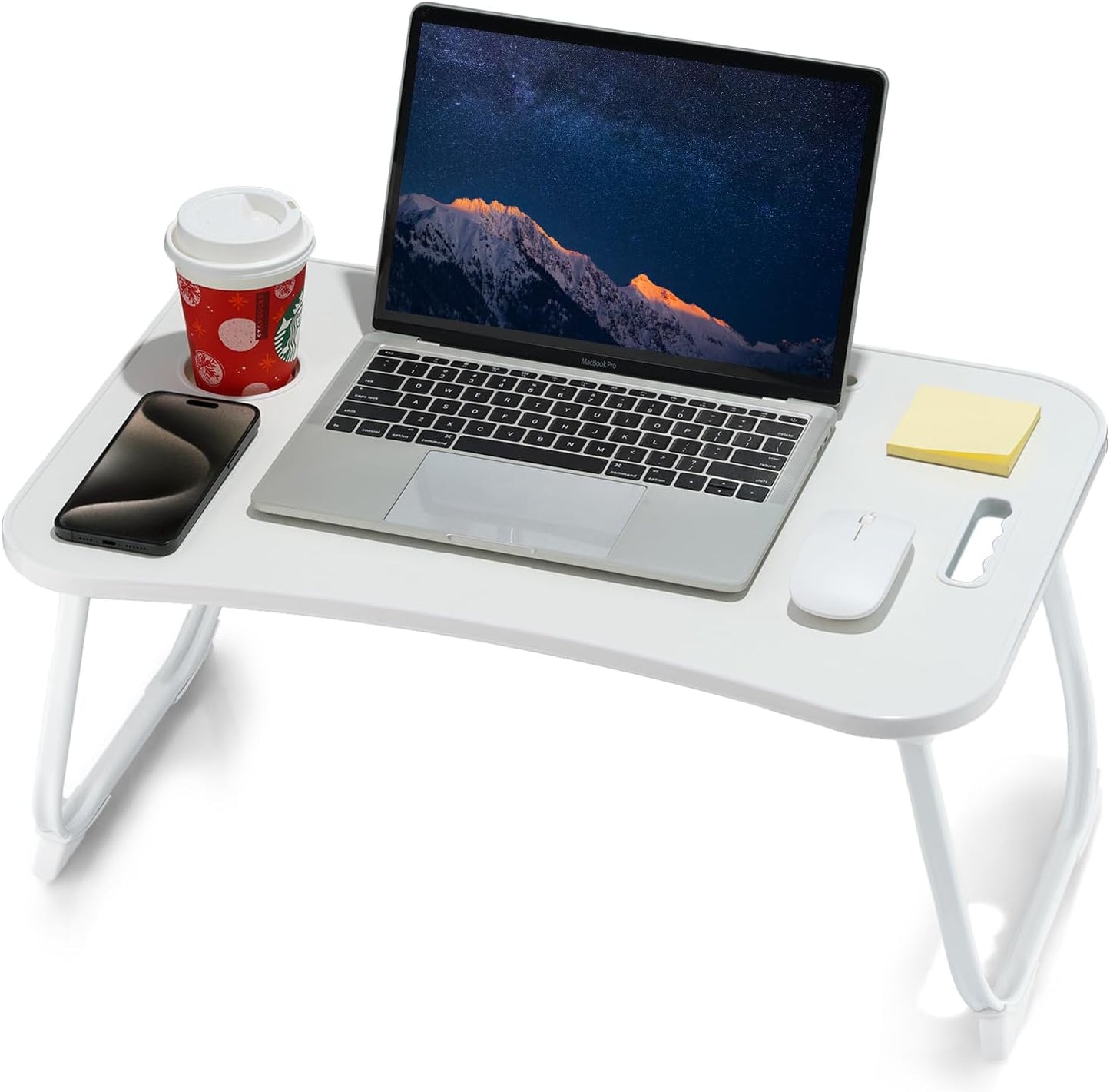 ZEAPTAC Laptop Bed Desk, Foldable Lap Desk, Portable Lap Table, Laptop Stand with Cup Holder, Tablet Slot & Lifting Handle for Work, Write, Draw & Eat on Bed, Sofa or Couch - Pink