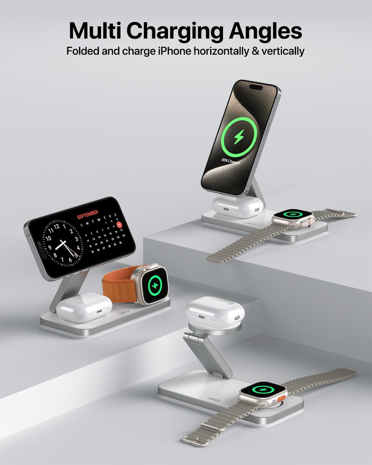 UEQ Foldable 3 in 1 Wireless Charging Station for Apple Magsafe Charger Stand,Fast Magnetic Wireless Charger Station for iPhone 17 Air 16 15 14 13 12 Series,Airpods Pro,Apple Watch Ultra (Pure Black)