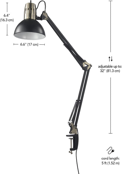 Globe Electric 12641 Architect 32" Swing-Arm Clamp-On Lamp, Black Architect, Finish, LED Bulb Included