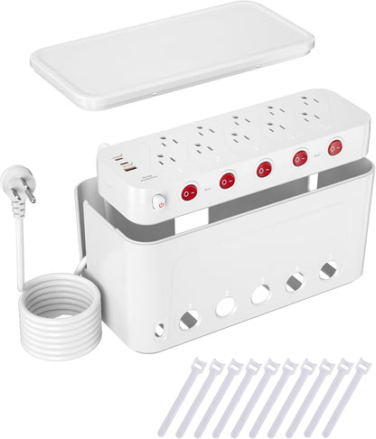 Power Strip with Cable Management Box,Surge Protector 10 AC and 3 USB Ports,6 ft Flat Plug Extension Cord,Outlet Hider Fast Charging Station,Desk Cord Organizer Box and Cover,Hidden Long Wire,Black