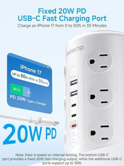 Tower Power Strip Surge Protector with 16 Outlets and 5 USB Ports (2 USB-C), 6FT Extension Cord with Multiple Outlets,Heavy Duty Charging Station,Home Office Dorm Room Essentials. No Wireless Charging
