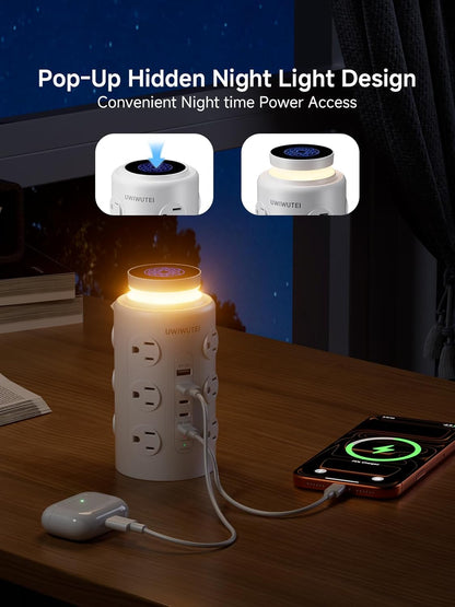 Tower Power Strip Surge Protector with 16 Outlets and 5 USB Ports (2 USB-C), 6FT Extension Cord with Multiple Outlets,Heavy Duty Charging Station,Home Office Dorm Room Essentials. No Wireless Charging
